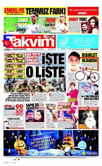 23 Haziran 2017 Gazete manşetleri