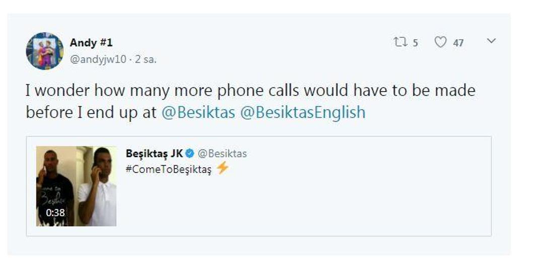 Twitter resmi hesabından Come to Beşiktaş dedi