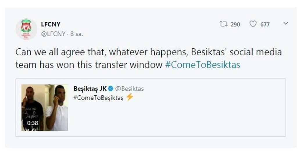 Twitter resmi hesabından Come to Beşiktaş dedi