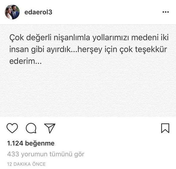 Eda Erolun paylaştığı yazı şoke etti... Alişan ile Eda Erol ayrıldı mı