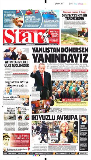 2 Ekim 2017 - Gazetelerin birinci sayfaları