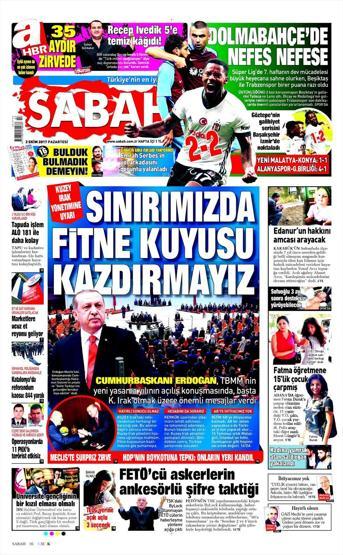 2 Ekim 2017 - Gazetelerin birinci sayfaları