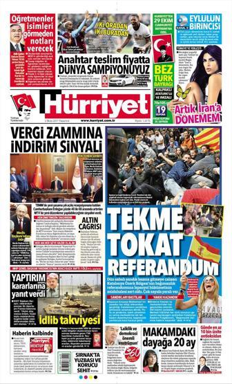 2 Ekim 2017 - Gazetelerin birinci sayfaları