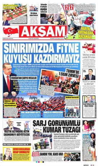 2 Ekim 2017 - Gazetelerin birinci sayfaları