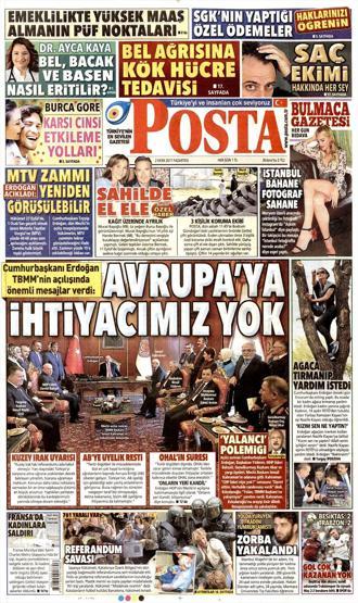 2 Ekim 2017 - Gazetelerin birinci sayfaları