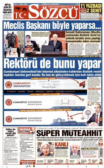 2 Ekim 2017 - Gazetelerin birinci sayfaları