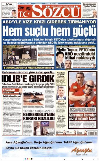 10 Ekim 2017 - Gazetelerin birinci sayfaları