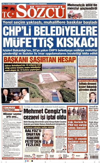 16 Ekim 2017 - Gazete manşetleri