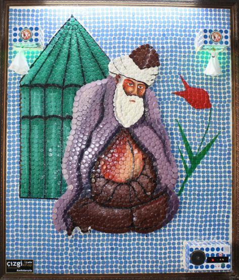 Şişe kapaklarından Mevlana tablosu yaptılar