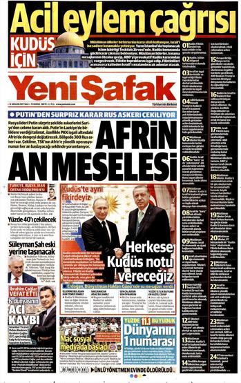 12 Aralık 2017 - Gazetelerin birinci sayfaları