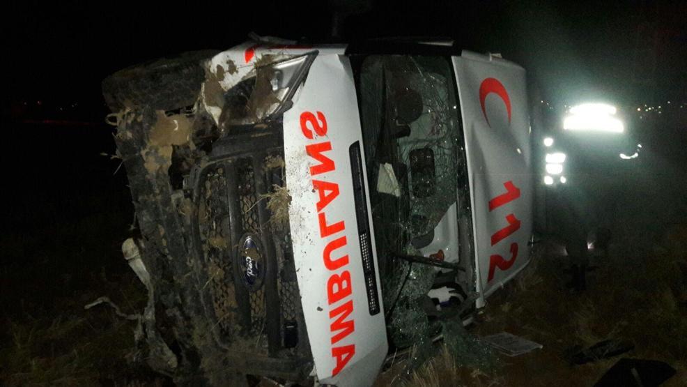 Domuza çarpan ambulans şarampole devrildi