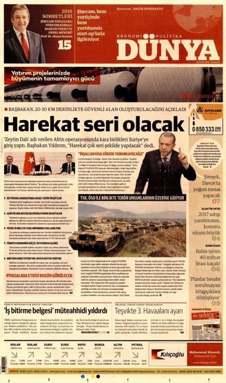 22 Ocak 2018 - Gazetelerin birinci sayfaları