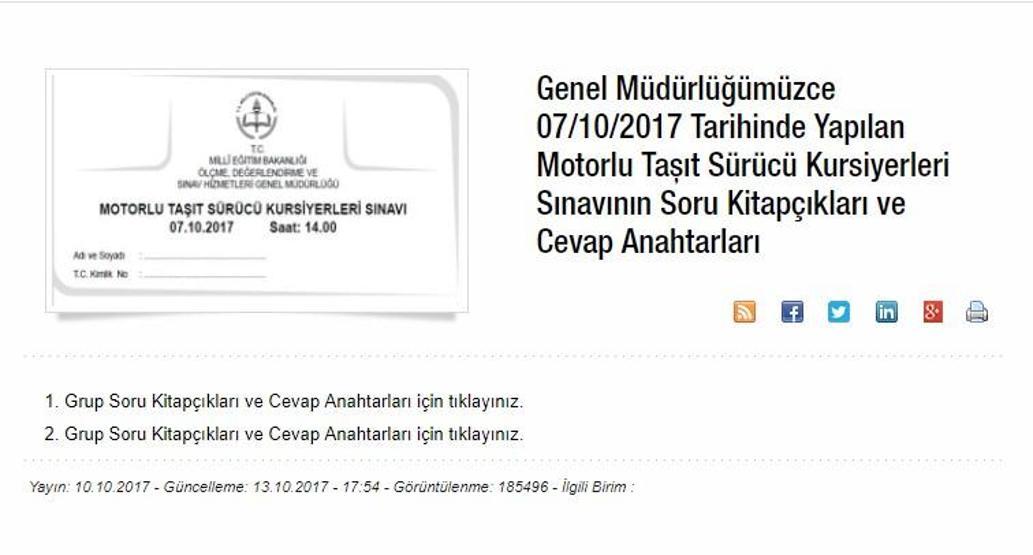 Ehliyet sınavı çıkmış sorular: MEB sınav-sonuç sayfası