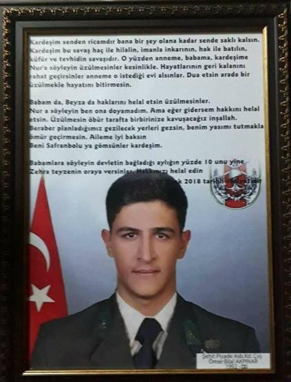 Afrin şehidi astsubayın ağlatan vasiyeti