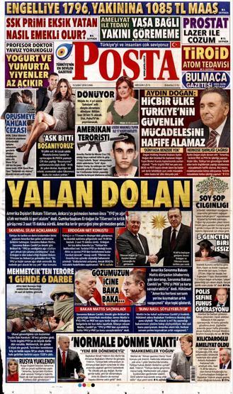 16 Şubat 2018 - Gazetelerin birinci sayfaları