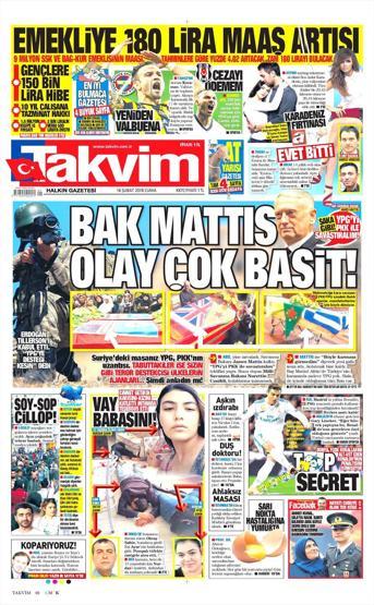 16 Şubat 2018 - Gazetelerin birinci sayfaları
