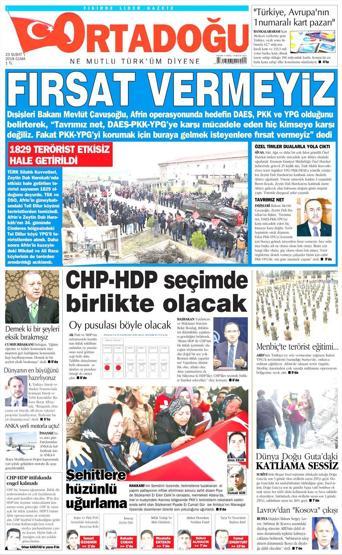 23 Şubat 2018 - Gazetelerin birinci sayfaları