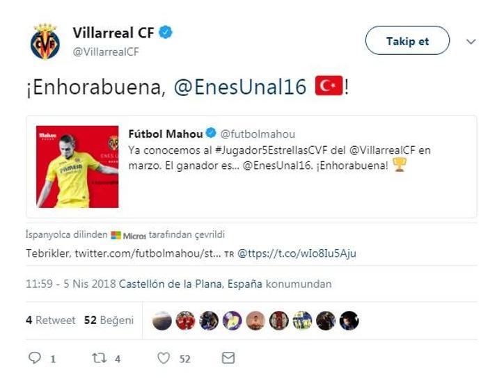 Enes Ünal Villarrealde ayın oyuncusu seçildi