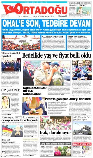 18 Temmuz 2018 - Gazetelerin birinci sayfaları