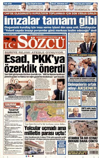 31 Temmuz 2018 - Gazetelerin birinci sayfaları