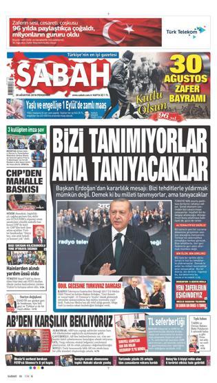 30 Ağustos 2018 - Gazetelerin birinci sayfaları