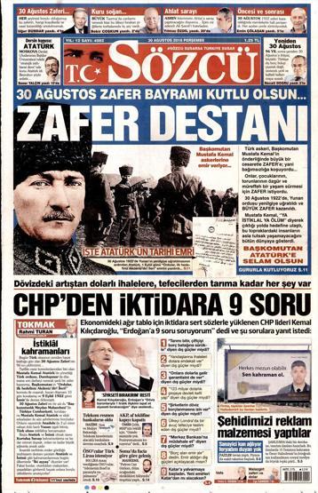 30 Ağustos 2018 - Gazetelerin birinci sayfaları