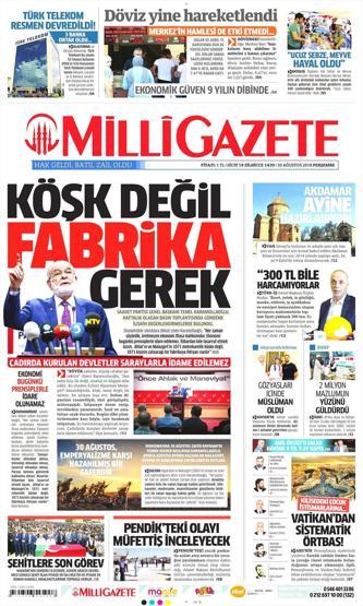 30 Ağustos 2018 - Gazetelerin birinci sayfaları