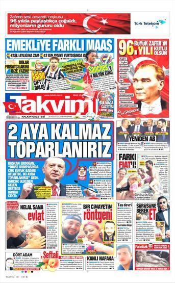 30 Ağustos 2018 - Gazetelerin birinci sayfaları
