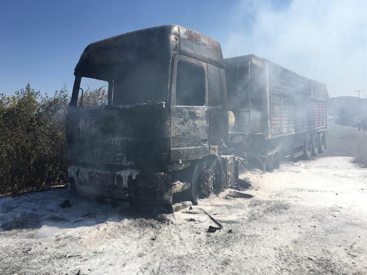 Seyir halinde alev alan TIR yandı