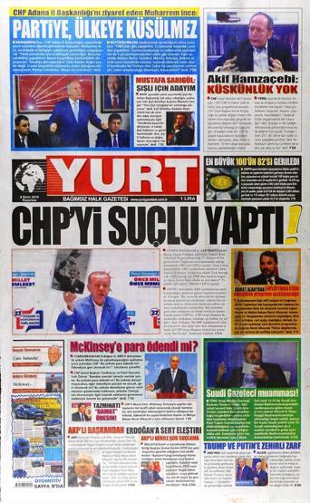 8 Ekim 2018 - Gazetelerin birinci sayfaları