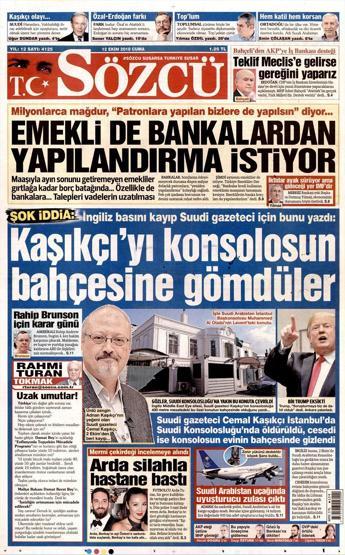12 Ekim 2018 - Gazete Manşetleri