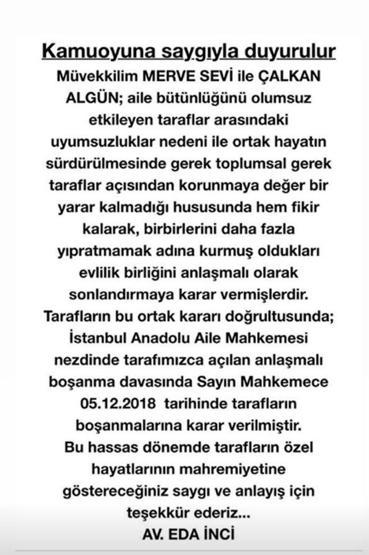 Merve Sevi ile Çalkan Algün boşandı