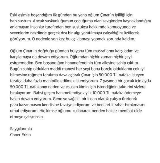 Caner Erkinden nafaka açıklaması