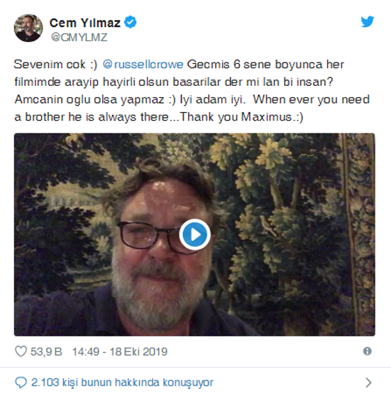 Russell Crowe Cem Yılmazı tebrik etti