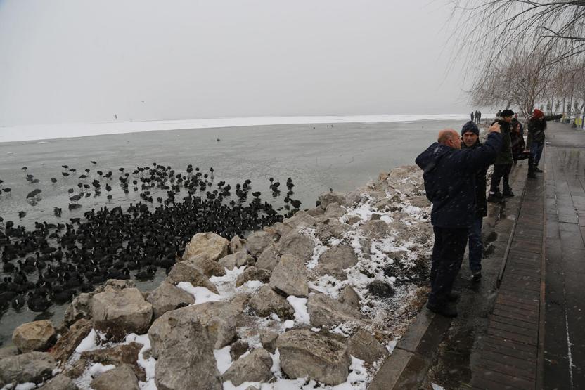 Ankarada Mogan Gölü kısmen buz tuttu