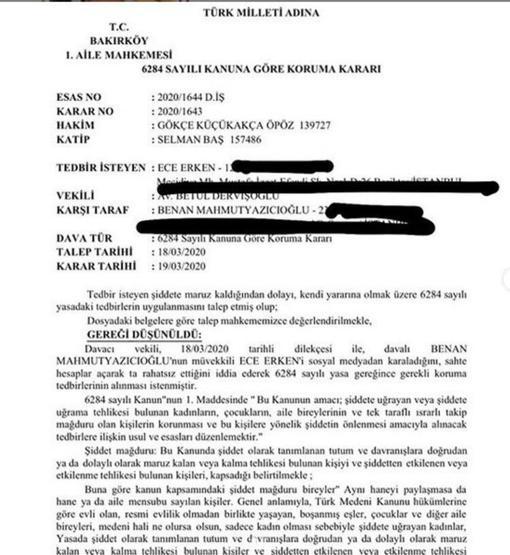 Ece Erken, Benan Mahmutyazcıoğlu hakkında uzaklaştırma kararı aldırdı