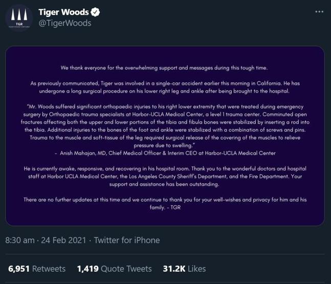 Trafik kazası geçiren ve ameliyata alınan ünlü golfçü Tiger Woodsun son durumu hakkında açıklama