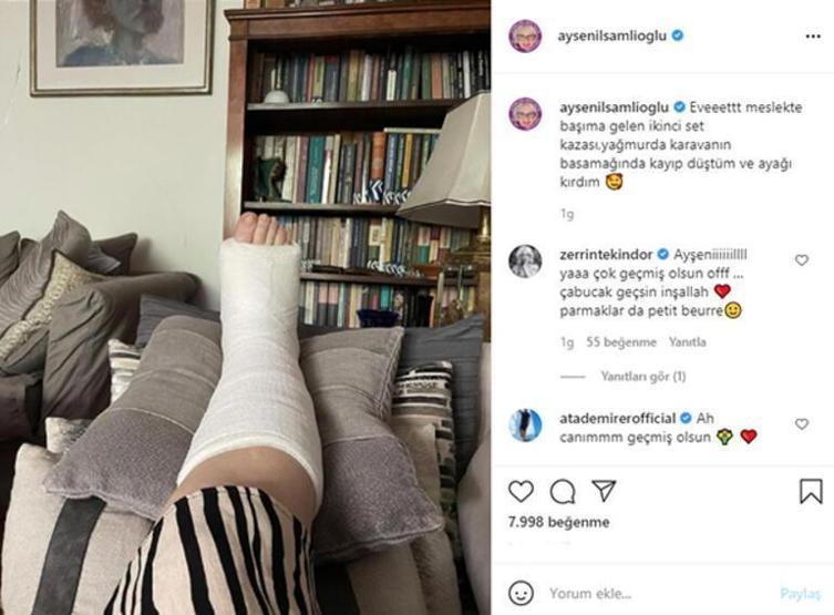 Ayşenil Şamlıoğlu sevenlerini korkuttu Sette ayağını kırdı
