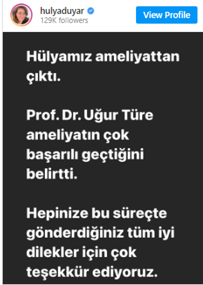 Beyninde tümör tespit edilen Hülya Duyardan haber var
