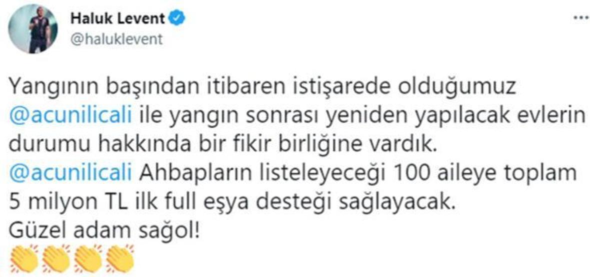 Haluk Levent duyurdu: Acun Ilıcalı yangın bölgesine 5 milyon TL bağışladı