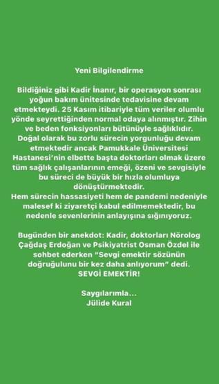 Jülide Kural, Kadir İnanırın son sağlık durumunu açıkladı