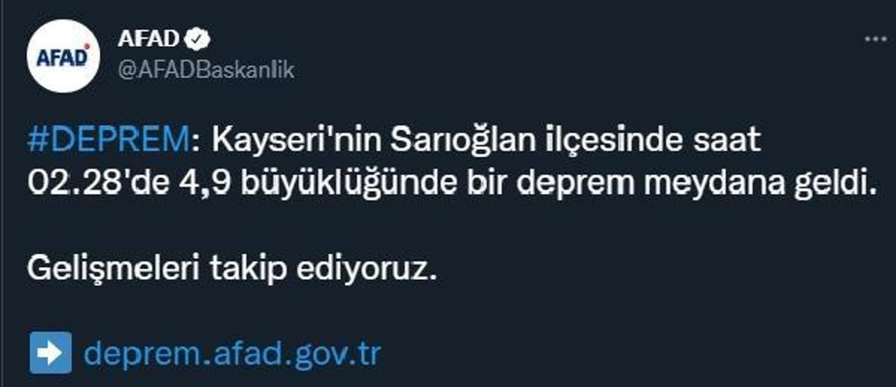 Kayseride 4.9 büyüklüğünde deprem: 21 artçı sarsıntı yaşandı