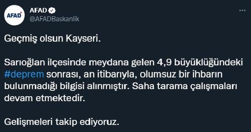 Kayseride 4.9 büyüklüğünde deprem: 21 artçı sarsıntı yaşandı