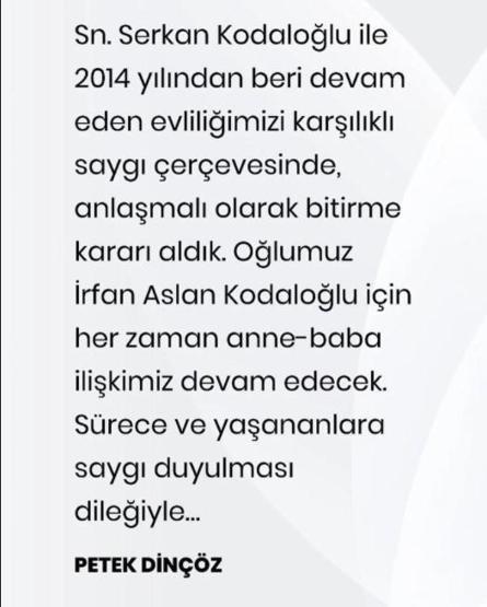 Petek Dinçöz ve Serkan Kodaloğlu boşanıyor