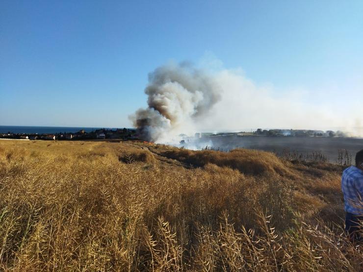100 ton buğday zarar gördü Silivride tarla alev alev yandı