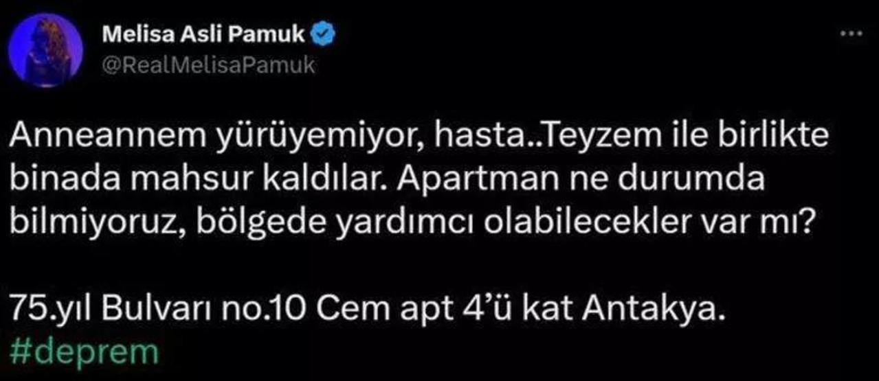 Melisa Aslı Pamuk: Anneannem ile teyzem binada mahsur kaldı