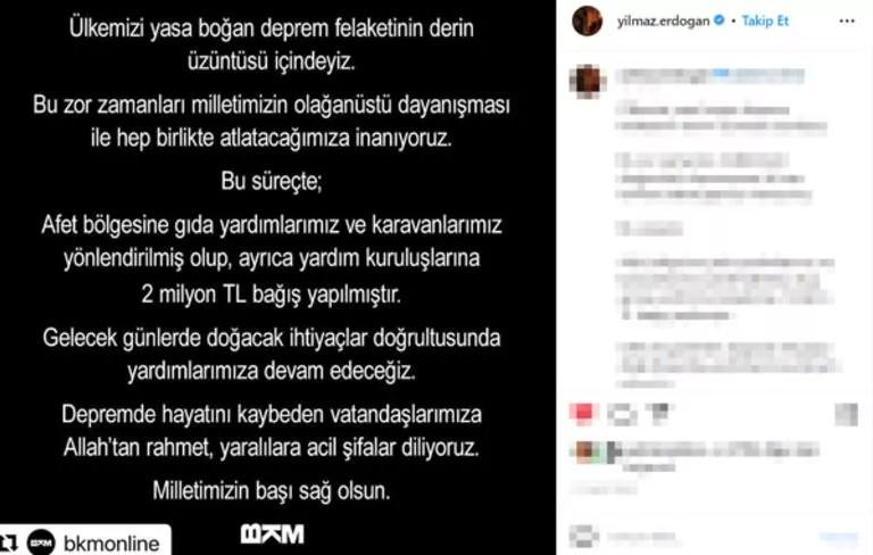 Yılmaz Erdoğan ve BKMden deprem bölgesine 2 milyon TL bağış
