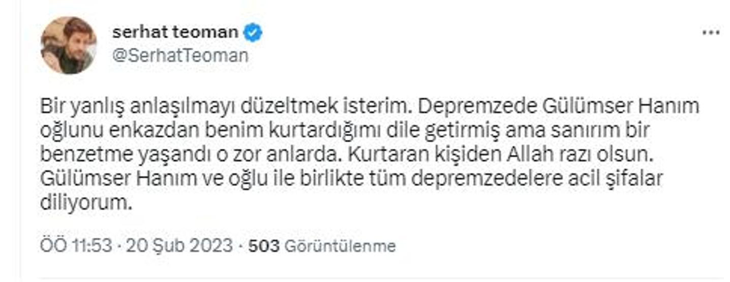 Serhat Teoman sosyal medyadan paylaştı: Oğlunu enkazdan kurtaran ben değilim