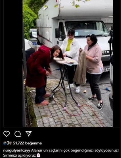 Nurgül Yeşilçay sette saçlarına ütü yaptırdı