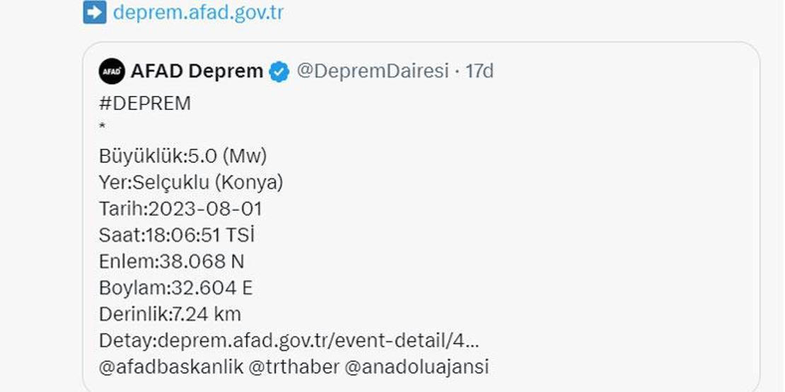 Son dakika... Konyada 5 büyüklüğünde deprem